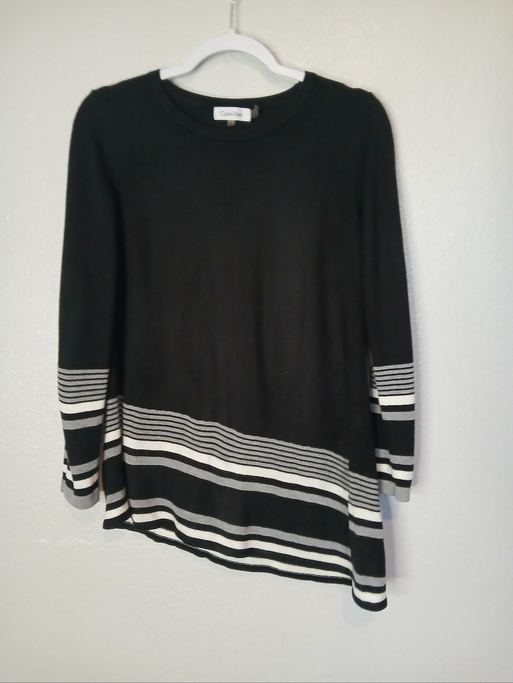 Calvin Klein Asymmetrical Black Gray White Striped Knit  Sweater Size Small